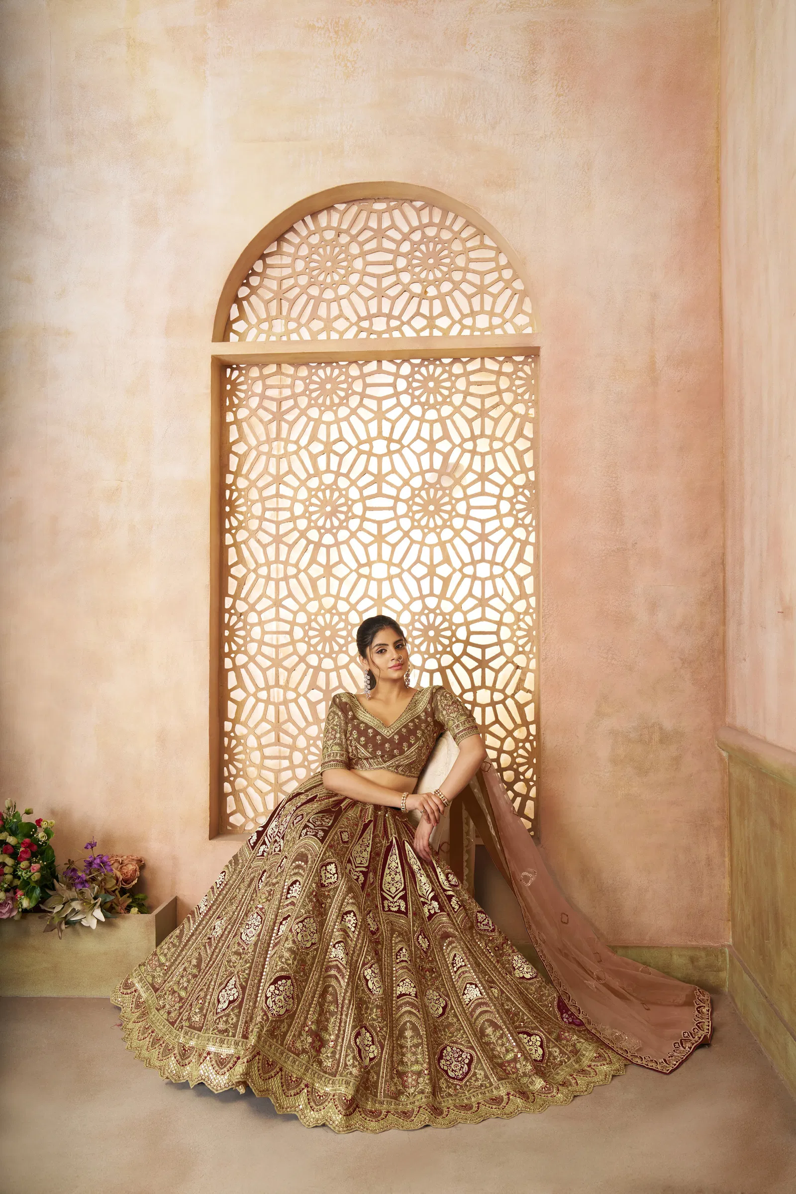 Kf 31 Coffee Banarasi Silk Embroidered Lahenga For Wedding Wholesale Suppliers In Mumbai